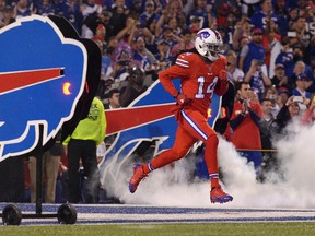 In this Sept. 15, 2016, file photo shows Buffalo Bills wide receiver Sammy Watkins running onto the field as he is introduced before an NFL football game against the New York Jets, in Orchard Park, N.Y. (AP Photo/Adrian Kraus, File)