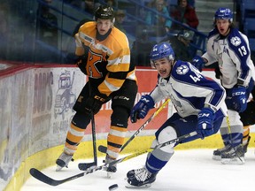 Sudbury Wolves Chandler Yakimowicz chases down the puck during OHL action against the Kingston Frontenacs from the Sudbury Community Arena in Sudbury, Ont. on Sunday November 20, 2016. The Wolves defeated Kingston 5-3.Gino Donato/Sudbury Star/Postmedia Network