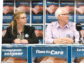 RPN Amanda Farrow-Giroux, Tom Carrothers, chairman of the Advocacy Committee of Family Councils, and Michael Hurley, president of the Ontario Council of Hospital Unions and CUPE Ontario first vice-president, speak during a news conference at the North Bay Public Library Wednesday about the need for a four-hour daily standard of care for residents in long-term care. 
Gord Young/The Nugget
