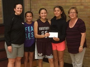 Submitted photo: The Wallaceburg Tartans senior girls basketball team held a spaghetti dinner fundraiser in October, raising $2,000. The money went towards player Legacie Blackbird's family, as she has two sisters who have to make frequent trips to Toronto for treatment for their Cystic Fibrosis. Presenting the money are Tartan coach Janine Day, left, and team manager Terri Bechard, right, to Jerzee Blackbird, Legacie Blackbird and Ferrah Blackbird.