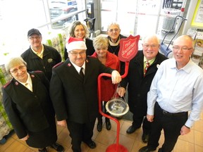 Ernst Kuglin/The Intelligencer
The Salvation Army in Trenton launched its annual Christmas Kettle campaign Thursday at Smylie's Independent Grocer. On hand for the launch were Micheline and Lt. Rob Hardy, Coun. Dunc Armstrong Angela Smylie, Murray and Hazel Howell, Mayor Jim Harrison and John Smylie.