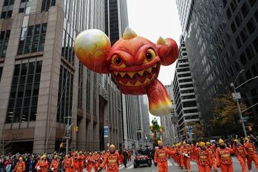 The  Skylander balloon flies over Sixth avenue during the 90th annual Macy's Thanksgiving Day Parade on November 24, 2016 in New York (KENA BETANCUR/AFP/Getty Images