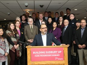 Ontario Minister of Energy and Sudbury MPP Glenn Thibeault announced funding for local businesses, film production and skilled internships at Tom Davies Square in Sudbury, Ont. on Thursday November 24, 2016. The funding is provided through the Northern Ontario Heritage Fund Corporation. John Lappa/Sudbury Star/Postmedia Network