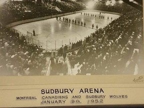 The Sudbury Wolves and Montreal Canadiens met for an exhibition match in 1952 at Sudbury Community Arena. Alumni from both teams will be back on the same ice on Dec. 8. Supplied photo