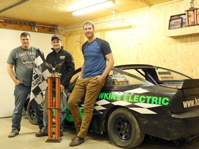 Jon Janssens, left, Brandon Janssens, centre and Martin Schroder stand next to Brandon's 1989 Nissan 240 that won Brandon his second consecutive mini sprint circuit title at Ohsweken Speedway. Schroder was sixth and Jon seventh as all three team driver's placed in the division's top seven of more than 60 drivers. (Greg Colgan/Woodstock Sentinel-Review)