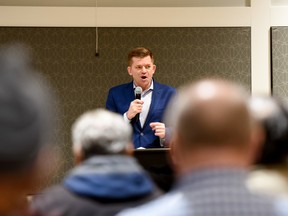 Brian Jean speaks to residents during a town hall meeting at the Elks Community Hall in Spruce Grove on Nov. 22.