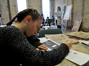 Lauren Conrad, a Grade 7 student from St. Michael’s Catholic elementary school in Woodstock, Ont., and her classmates work on an art project at The ARTS Project in London Ont. November 24, 2016. St. Michael’s is one of the schools connecting with community arts venues in London through a new program by the London Arts Council.  CHRIS MONTANINI\LONDONER\POSTMEDIA NETWORK