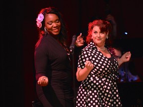 Alexandra Kane (left), music director of Musical Theatre Productions’ upcoming cabaret Defying Gravity, and Susan McKone, the event’s producer, during Musical Theatre Productions’ Night of Noir last year in London Ont. (Photo submitted)