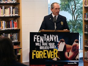 Fire chief John Lane addresses students during a fentanyl public awareness campaign launch at Shaftesbury High School in Winnipeg on Friday, Nov. 25, 2016. (Kevin King/Winnipeg Sun/Postmedia Network)