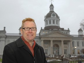 Simon Baron, campaign manager for Kingston 123, is seen outside Kingston's City Hall on Friday. The group is a non-partisan organization advocating for ranked ballots to be used in the city's municipal elections. (Julia McKay/The Whig-Standard)