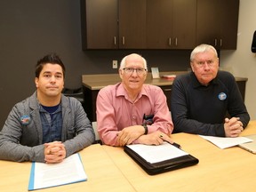 Jason Harasymchuk, left, a local registered practical nurse, Tom Carrothers, chair of the Advocacy Committee of Family Councils, and Michael Hurley, vice-president of CUPE, participated in a press conference in Sudbury, Ont. on Thursday November 24, 2016, about the need for a four-hour daily standard of care for residents in long-term care. John Lappa/Sudbury Star/Postmedia Network