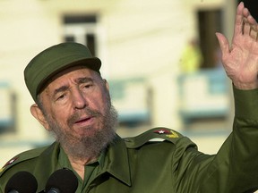 Cuban President Fidel Castro gives a speech in front of the U.S. Interest Section May 14, 2004 in Havana. (Jorge Rey/Getty Images)
