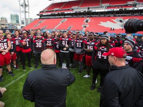 Ottawa Sports and Entertainment Group’s president of sports Jeff Hunt addresses the Redblacks during Saturday’s walkthrough at BMO Field ahead of tonight’s Grey Cup game in Toronto. (ERNEST DOROSZUK/POSTMEDIA NETWORK)