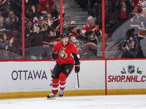 Senators defenceman Dion Phaneuf celebrates his goal against the Carolina Hurricanes on Saturday night at the Canadian Tire Centre. (GETTY IMAGES/PHOTO)
