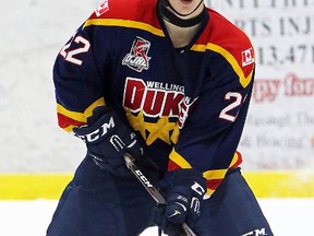 Mitchell Martan notched the lone Wellington Dukes goal in a 4-1 Friday-night home-ice loss to Trenton. (OJHL Images)