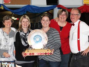 Team Jarvis were repeat winners at the annual Ladies Cash Spiel held recently at the Quinte Curling Club. From left are: Julie Jarvis, Stephanie Taft, Kerri Lott, Cindy Grills and Dr. Bob Bates, sponsor. (Submitted photo)