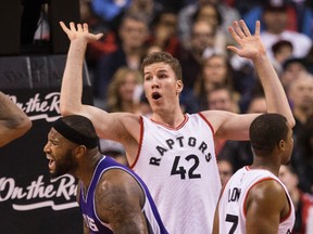 Toronto Raptors centre Jakob Poeltl reacts to Sacramento Kings centre DeMarcus Cousins' basket on Nov. 6, 2016. (Craig Robertson/Toronto Sun/Postmedia Network)