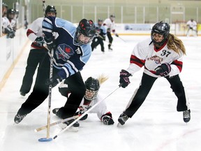 Kaitlyn Chevrier of the Sudbury U16's battles for the puck with Katrina Cayne and Kaylee Ritari of Walden during championship game action at the in the Sudbury Ringette annual invitational tournament in Sudbury, Ont. on Sunday November 27, 2016. Gino Donato/Sudbury Star/Postmedia Network