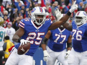 Buffalo Bills running back LeSean McCoy (25) celebrates after rushing for a touchdown during the first half of an NFL football game against the Jacksonville Jaguars on Sunday, Nov. 27, 2016, in Orchard Park, N.Y. (AP Photo/Jeffrey T. Barnes)