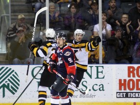 The Kingston Frontenacs celebrate a goal by Linus Nyman during OHL action at the Rogers K-Rock Centre on Sunday afternoon. (Steph Crosier/The Whig-Standard)