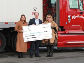 Briana Fram, left, and Patricia Mills accept a cheque from Manitoulin Transport executive vice-president Jeff Smith for $50,000 for NEO Kids. (Photo supplied)