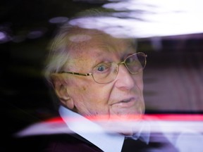 In this July 15, 2015 file photo former SS sergeant Oskar Groening arrives for the judgement at the trial against him in in Lueneburg, Germany. A German federal court has upheld the conviction for being an accessory to murder of the 95-year-old former SS sergeant who served at the Auschwitz death camp, his lawyer said Monday, Nov. 28, 2016. (AP Photo/Markus Schreiber, file)