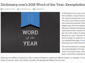 Xenophobia is Dictionary.com's word of the year. (Screen capture)