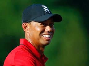 In this June 26, 2016, file photo, Tiger Woods stands on the 18th green during the trophy ceremony for Quicken Loans National PGA golf tournament winner Billy Hurley III in Bethesda, Md. (AP Photo/Patrick Semansky, File)