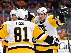 Pittsburgh Penguins centre Sidney Crosby celebrates his goal against Philadelphia Flyers goalie Steve Mason during the first-period of an NHL game on Oct. 29, 2016, in Philadelphia. (THE CANADIAN PRESS/AP, /Derik Hamilton)