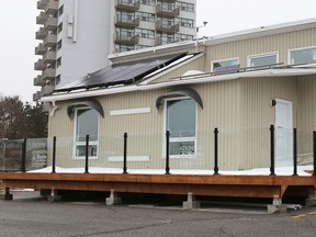 The Queen’s University Solar Design Team’s off-grid house on the west campus received a $15,000 grant from Bullfrog Power. The house is pictured here in Kingston on Friday. (Elliot Ferguson/The Whig-Standard)