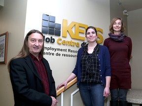 Keys Job Centre staff, from left, executive director Michael Harris, program manager Madeleine Nerenberg and volunteer co-ordinator Christine Mylks at their office in Kingston. (Ian MacAlpine/The Whig-Standard)