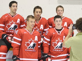(Left to right) Jared Cowen, Taylor Hall, Brayden Schenn, Matthew Duchene and Ryan Ellis of the 2008 Canadian summer under-18 hockey team at Father David Bauer Arena in Calgary before leaving for Slovakia to play in the Ivan Hlinka Memorial Tournament. (Dean Bicknell/Calgary Herald)