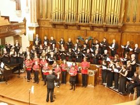 The Woodstock Fanshawe Singers perform at a Remembrane Day concert at Knox Church alongside a guest choir, the Elmer Iseler Singers of Toronto. Now Woodstock Fanshawe Singers - and their Young Singers - are preparing for two Christmas concerts on Dec. 3. (Submitted)