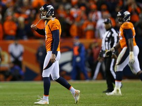 Kicker Brandon McManus of the Denver Broncos reacts to missing a field goal in overtime against the Kansas City Chiefs at Sports Authority Field at Mile High on Nov. 27, 2016 in Denver. (Justin Edmonds/Getty Images)