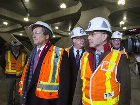 Toronto Mayor John Tory (left), TTC Chair Josh Colle and Budget Chief  Gary Crawford (behind) tour and on the right, TTC Chair Josh Colle toured the York University subway station. (ERNEST DOROSZUK, Toronto Sun)
Ernest Doroszuk