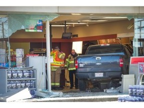 Two trapped employees had multiple injuries, including broken legs, and needed surgery and extensive treatment after  this F-150 pickup was driven by Steven Cloutier through the front of a convenience store at the PetroCanada on 97 Street and 118 Avenue on Nov. 18, 2015, court heard Monday.