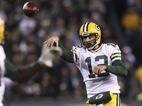Aaron Rodgers #12 of the Green Bay Packers throws a pass to James Starks #44 in the third quarter at Lincoln Financial Field on November 28, 2016 in Philadelphia, Pennsylvania. (Photo by Elsa/Getty Images)
