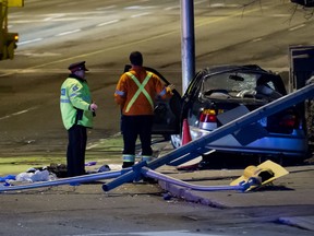 One person is dead, and two others are in hospital with serious injuries after a single car accident on Bloor St. at Parliament St. Monday evening shortly before 10 p.m. (Victor Biro photo)