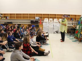 Oral storyteller Mary Ann Lippiatt was in Drayton Valley during Anti-Bullying Week.