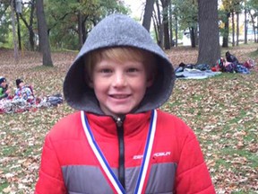 Submitted photo: Despite falling down during the race, Riverview Central's Drew O'Neil won the  nine-year-old boys division at the Lambton Kent elementary schools district meet held on Oct. 26 at Canatara Park. The event featured 631 athletes between the ages of nine and 13 from approximately 45 schools. O'Neil finished the 1.8 km race in a time of six minutes and 17 seconds.