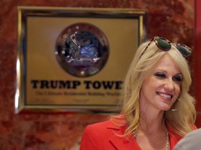 NEW YORK, NY - NOVEMBER 28: Donald Trump aide Kellyanne Conway speaks with members of the public at Trump Tower on November 28, 2016 in New York City. President-elect Donald Trump and his transition team are in the process of filling cabinet and other high level positions for the new administration. (Photo by Spencer Platt/Getty Images)