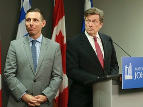 Toronto Mayor John Tory with Ontario PC Leader Patrick Brown at City Hall on May 20, 2016. (Veronica Henri/Toronto Sun)