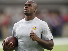 In this Sept. 18, 2016, file photo, Minnesota Vikings running back Adrian Peterson warms up before an NFL football game against the Green Bay Packers, in Minneapolis.