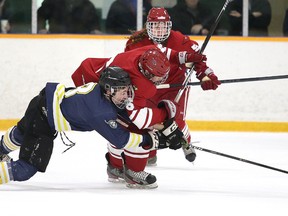 Spencer Lavallee of the St. Charles Cardinals battles for the puck with Joel Grandbois of College Notre Dame during boys high school hockey action in Sudbury, Ont. on Tuesday November 29, 2016. Gino Donato/Sudbury Star/Postmedia Network