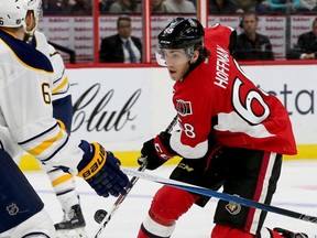 Mike Hoffman approaching Buffalo's net with the puck during third-period action between the Ottawa Senators and the Buffalo Sabres Tuesday (Nov. 29, 2016) at the Canadian Tire Centre in Ottawa. Despite a hat trick from Ottawa's Mike Hoffman, Buffalo still beat the Sens 5-4. (Julie Oliver/Postmedia)