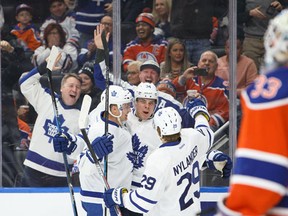 Auston Matthews of the Toronto Maple Leafs celebrates a goal against the Edmonton Oilers on November 29, 2016 at Rogers Place in Edmonton, Alberta, Canada. (Codie McLachlan/Getty Images)