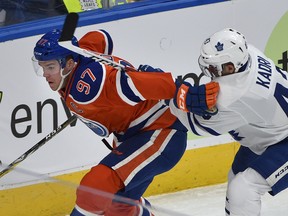 While he wasn't as pesky as the game earlier in November in Toronto, Maple Leafs centre Nazem Kadri still managed to make life a little more difficult for Oilers captain Connor McDavid tuesday at Rogers Centre. (Ed Kaiser)
