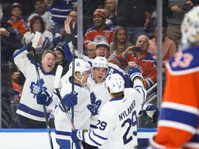 Auston Matthews #34 of the Toronto Maple Leafs celebrates a goal against the Edmonton Oilers on November 29, 2016 at Rogers Place in Edmonton, Alberta, Canada. (Photo by Codie McLachlan/Getty Images)
