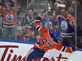 Connor McDavid celebrates his third-period goal against the Maple Leafs Tuesday at Rogers Centre. (Ed Kaiser)