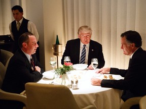 President-elect Donald Trump, center, eats dinner with Mitt Romney, right, and Trump Chief of Staff Reince Priebus at Jean-Georges restaurant, Tuesday, Nov. 29, 2016, in New York. (AP Photo/Evan Vucci)